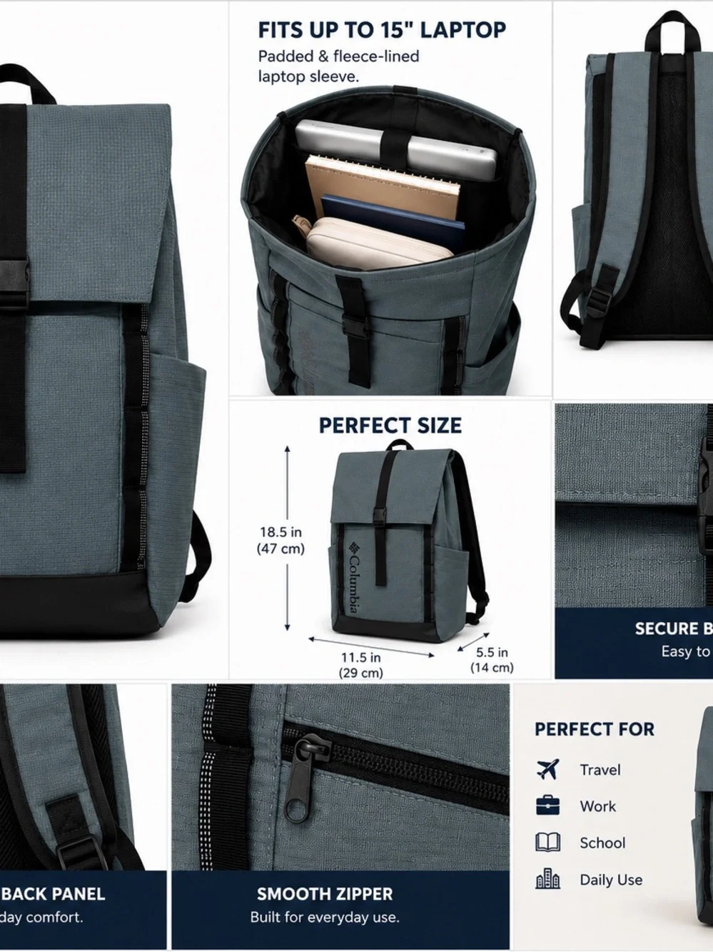 Columbia Men's Gray Roll-Top Backpack with Black Trim